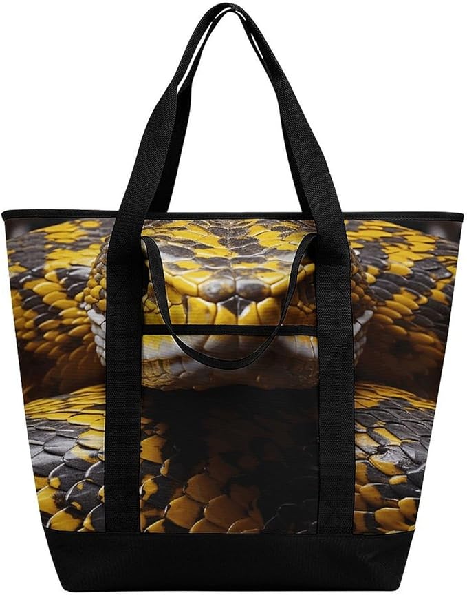 Insulated Shopping BagLarge Reusable Cooler Bags Yellow Snake Printed Foldable Shopping BagTravel Waterproof Shoulder Bag