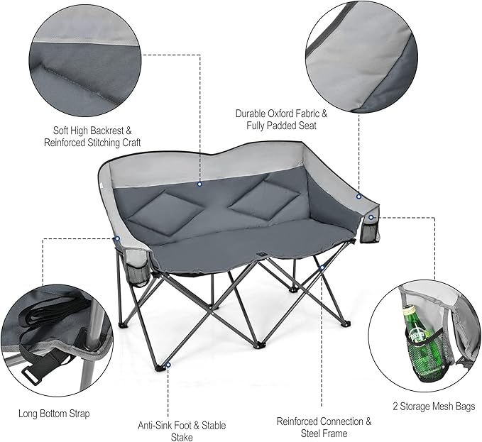 Loveseat Camping Chair Double Folding Chair Support 500 LBS Heavy Duty for 2 Adults Oversize Camp Seat with Storage Bags Backrest Padded Wide Camp Seat for Outside Picnic Beach (Grey)