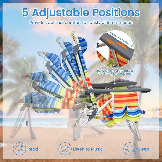 Tangkula Set of 4 Backpack Beach Chair 5-Position Lay Flat Beach Chairs with Cooler Bag 2 Cup Holders Towel Bar Lightweight Low Folding Beach Chair with Backpack Straps Yellow