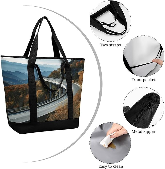 Insulated Shopping BagLarge Reusable Cooler Bags Blue Ridge Parkway Road Bridge Printed Foldable Shopping BagTravel Waterproof Shoulder Bag