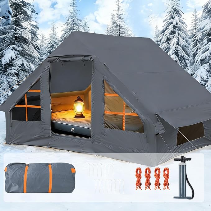 Inflatable Tents with Hand Pump Hot Tent with Stove Jack Easy Blow Up Glamping Tent with Mesh Windows 4-6 Person Instant Family Camping Tents Waterproof for 4 Seasons