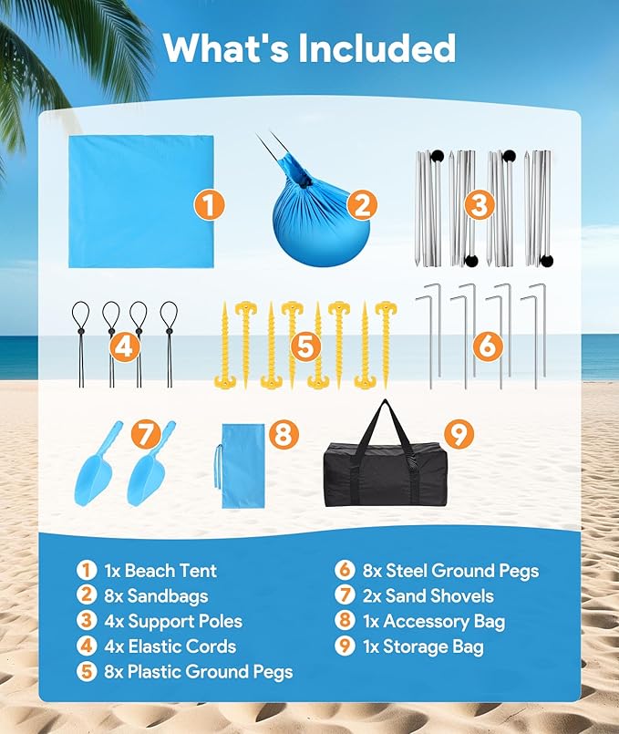 Beach Tent Sun Shelter 10 x 10 FT Beach Canopy Tent Sun Shade UPF50+ Tents Canopy with 8 Sandbags &amp 4 Stability Poles Outdoor Tents for Camping Fishing Sky Blue