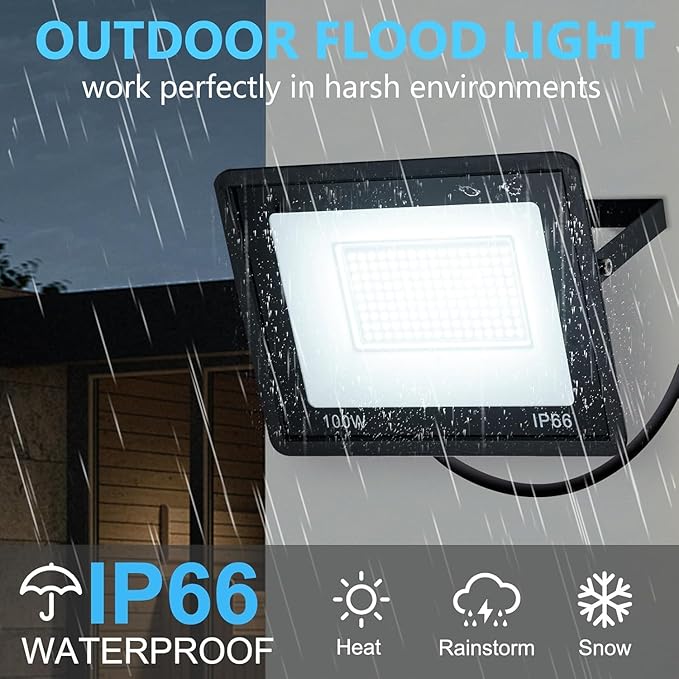 4-Pack 100W LED Flood Light  11000m with 5.91FT/1.8m Cord Super Bright Security Lights IP66 Waterproof Outdoor Flood Light 5000K Daylight White Floodlight for Yard GardenBasketball Court Arena