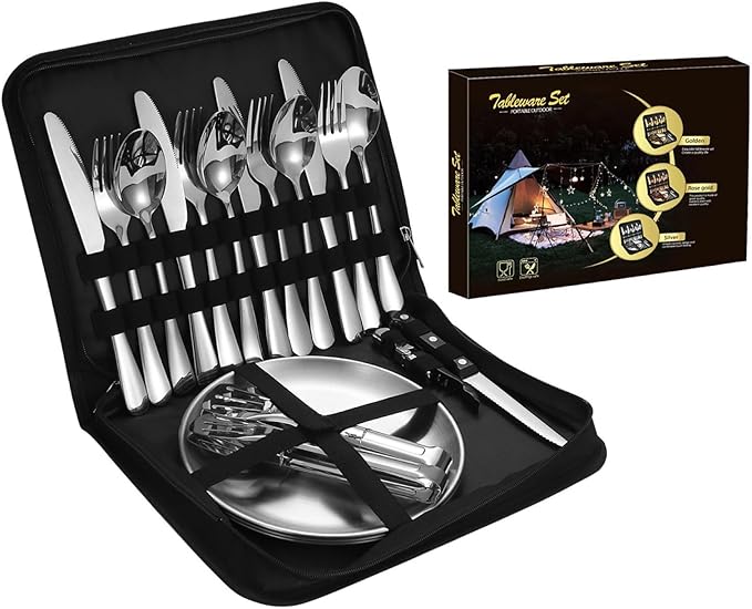 Camping Mess Kits with Portable Case Stainless Steel Outdoor Picnic Dinnerware Set with Plate Spoon Fork Knife Cloth Napkins
