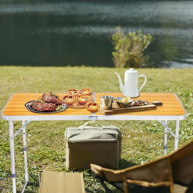 Portable Camping Table with Carrying HandleOutdoor Folding TableFolding Dining Tablefor Camping and Party (Wood Grain 4ft)