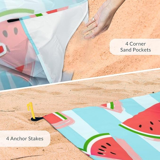 Personalized Beach Blanket Waterproof Sandproof 86x78 Inches Custom Large Watermelon Beach Mat for 4-6 Adults Lightweight Picnic Blanket with 4 Corner Pockets for Outdoor Travel Camping Hiking