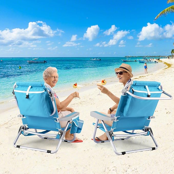 Goplus Beach Chair 330lbs Folding Backpack Chairs for Adults with 5-Position Backrest Storage Pockets Towel Bar &amp Headrest Foldable Low Beach Lounge Portable Aluminum Lay Flat Camping Chair