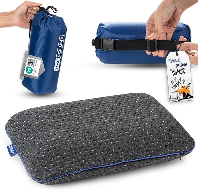 Travel &amp Camping Comfortable Memory Foam Pillow – Easy to Carry Portable Bag – Temperature Regulating Pillow Case - Perfect for Travelling (Grey)