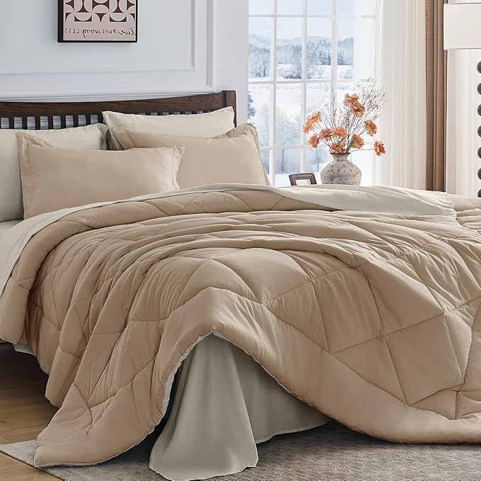 HEVUMYI Khaki &amp Linen King Comforter Set - 7-Piece All Season Bed in a Bag King Ultra Soft Bedding Set with Comforter Flat Sheet Fitted Sheet Pillowcases Pillow Shams