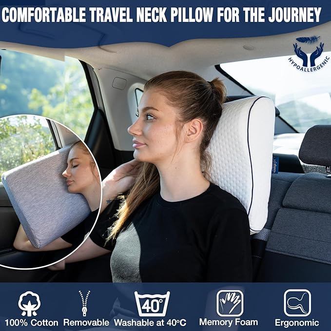 alkamto Travel &amp Camping Comfortable Memory Foam Pillow – Easy to Carry Portable Bag – Temperature Regulating Pillow Case (White Contour + Extra Cover)