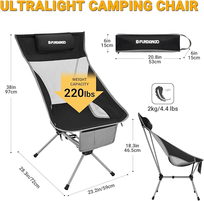 FUNDANGO High Back Camping Chair 2 Pack Portable Folding Camp Chair for Adults with Headrest for BBQ Outdoor Lawn Hiking Fishing Picnicl (Black)