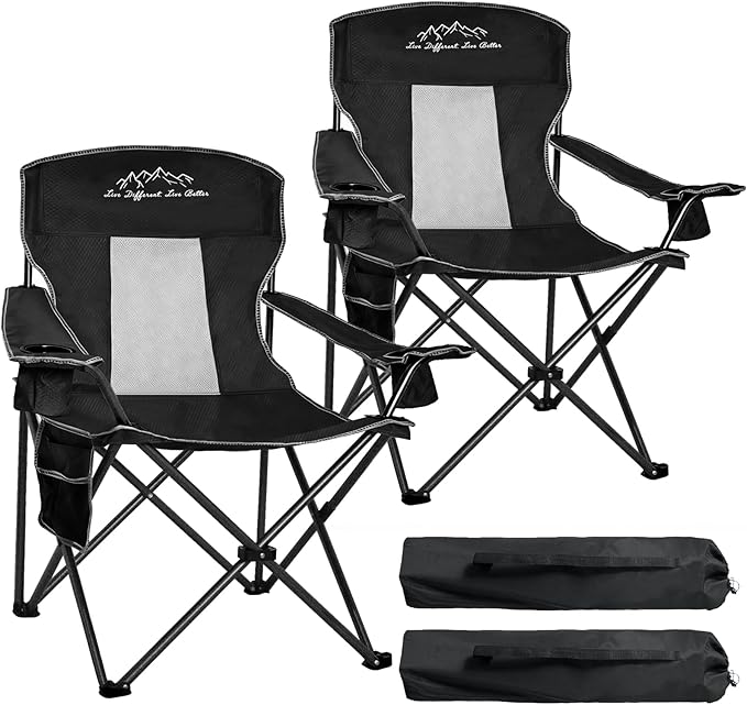 Outdoor Folding Camping Chair with Cup Holder Storage Bag Large Anti-Sink Feet 400lbs Capacity 2 Pack Breathable Mesh Portable Chair for Camping Beach Fishing Sports Black 2Pack