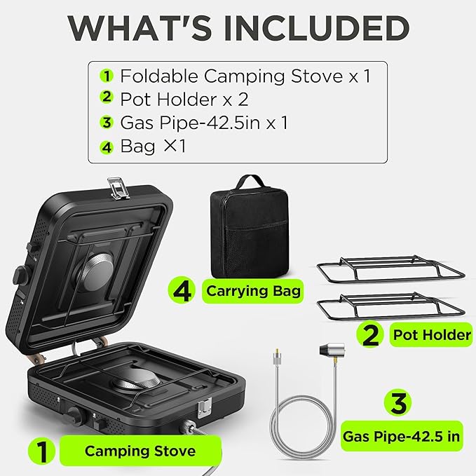 Propane Gas Stove 17500 BTU 2 Burner Folding Portable Camping Stove with Carrying Bag Built to Last Camp Stove for Camping Car Travel Yard Parties Outdoor Cooking Backpacking Grill Propane