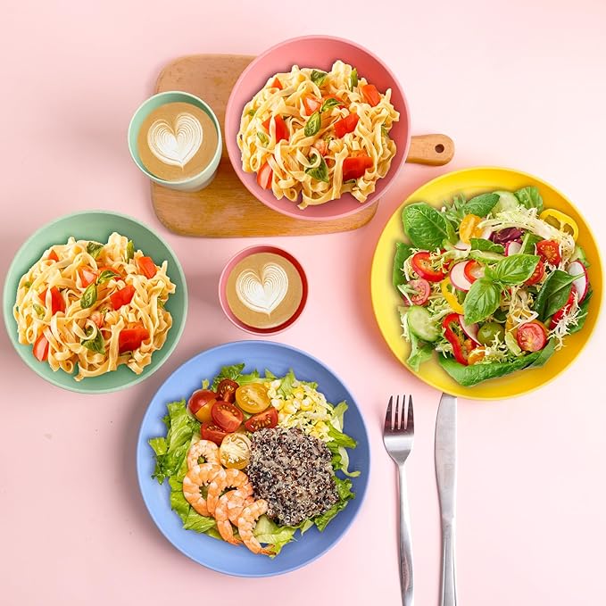 32 pcs Unbreakable Lightweight Wheat Straw Dinnerware Sets for 8 Reusable Kids Plates and Bowls Sets Non Toxic Microwave and Dishwasher Safe Plastic Dishes Set Camping RV Picnic Dishes