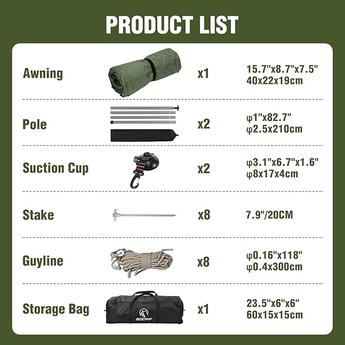 REDACMP 19ft x17ft Large Car Awning Tarp with 2 Poles &amp 2 Suction Cup Hooks Waterproof Camping Tarp Hammock Rain Fly with UV Protection Sun Shelter for SUVVanOverland CampingTailgate CanopyGr