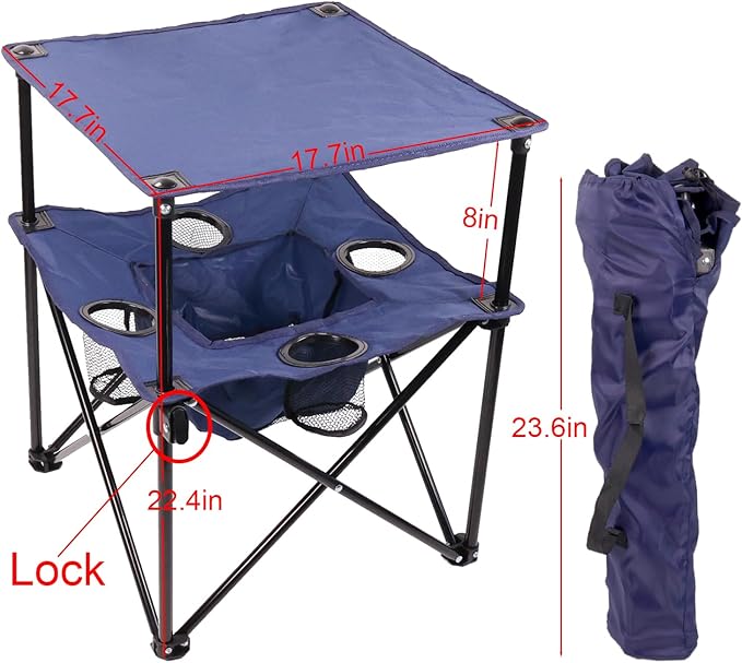 Portable Folding Camping Table with Cup Holders – Lightweight &amp Compact 2-Tier Outdoor Table with Storage Ideal for Card Games Snacks Picnic Tailgating &amp Camping (Navy Blue)