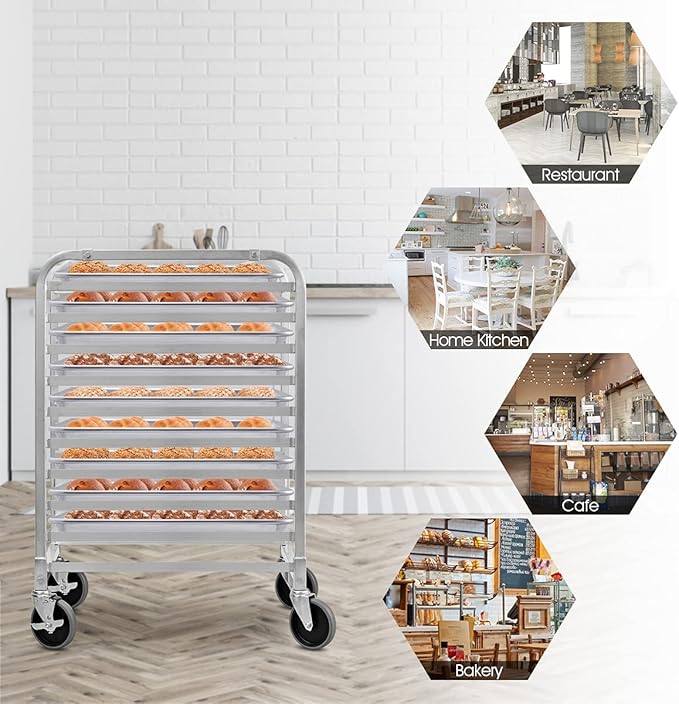 ReunionG 10 Tier Bun Pan Rack Bakery Rack with 2 Lockable Wheels 10 Sheet Aluminum Storage Cooling Trolley with Open Shelf Dough Pizza Baking Mobile Rack for Home Commercial