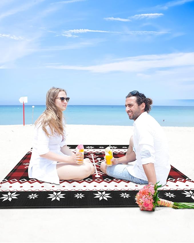 Beach Blanket Waterproof Sandproof Christmas Winter Snowflake Red Ripple Quick Drying Beach Mat with 4 Stakes Retro Black Buffalo Plaid Lightweight Picnic Blanket for Travel Camping Outdoor 95x80