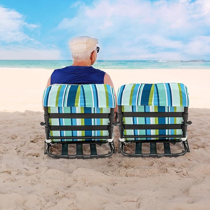 GYMAX Beach Chair 2 Pack 300LBS Low Beach Chair with Shoulder Strap Removable Cushion &amp Aluminum Frame Folding Reclining Beach Chair Heavy Duty Portable Beach Chair for Adults (2 Blue Stripe)