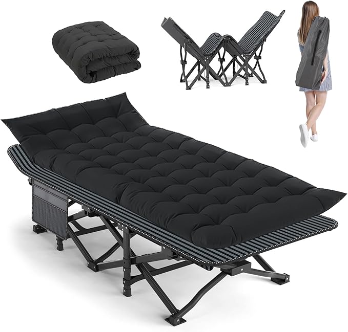 Camping Cot Extra Wide with Thick Mattress Folding Oversized XL 75 L x 28 W x 15 H Heavy Duty Sleeping Bed for Adult