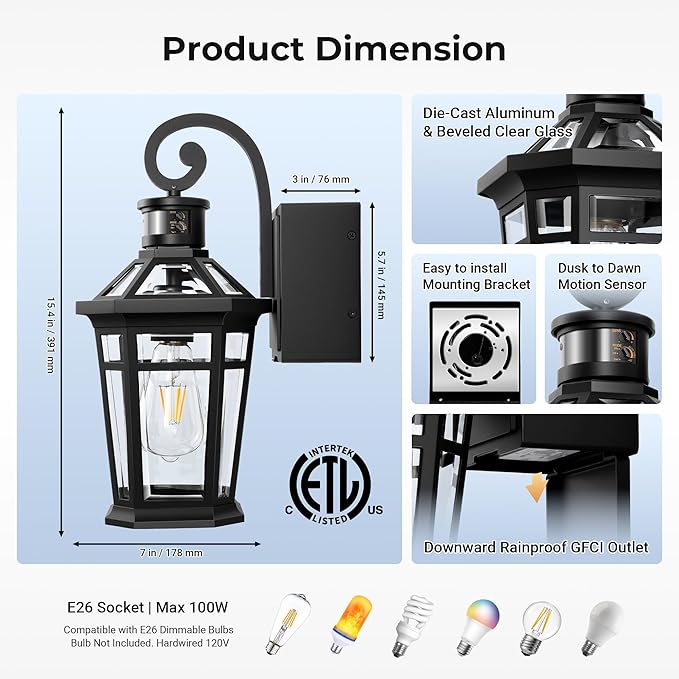 OPAIXS Motion Sensor Outdoor Wall Lights with Outlet Black Front Porch Light with GFCI Outlet Modern Coach Lights for Garage Waterproof Exterior Wall Sconce Lantern E26 Outside Wall Light Fixture
