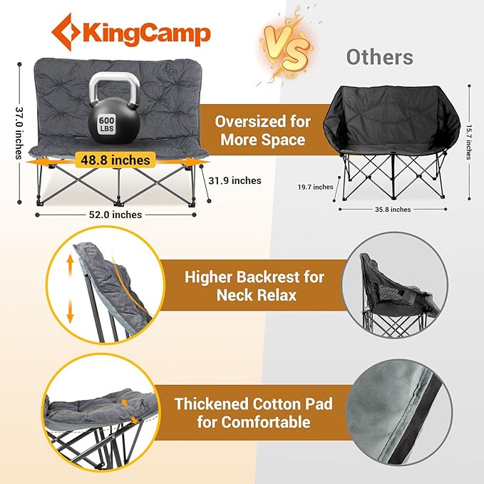 KingCamp Double Camping Chair Oversized Padded Butterfly Chair Couch Portable Folding Loveseat 600lbs Heavy Duty Comfy Dorm Double Seat with High Back for Outdoor Indoor Patio Home Living Bed Room