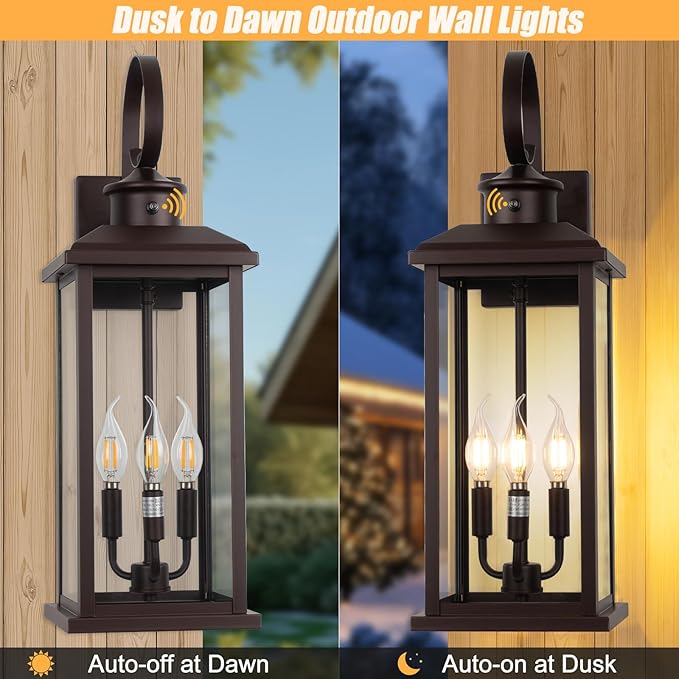 24 Dusk to Dawn Outdoor Wall Sconce: Bronze Large Porch Light 3-Light Waterproof Modern Exterior Lighting Fixture Wall Mounted Outside Lamp for House Garage E12