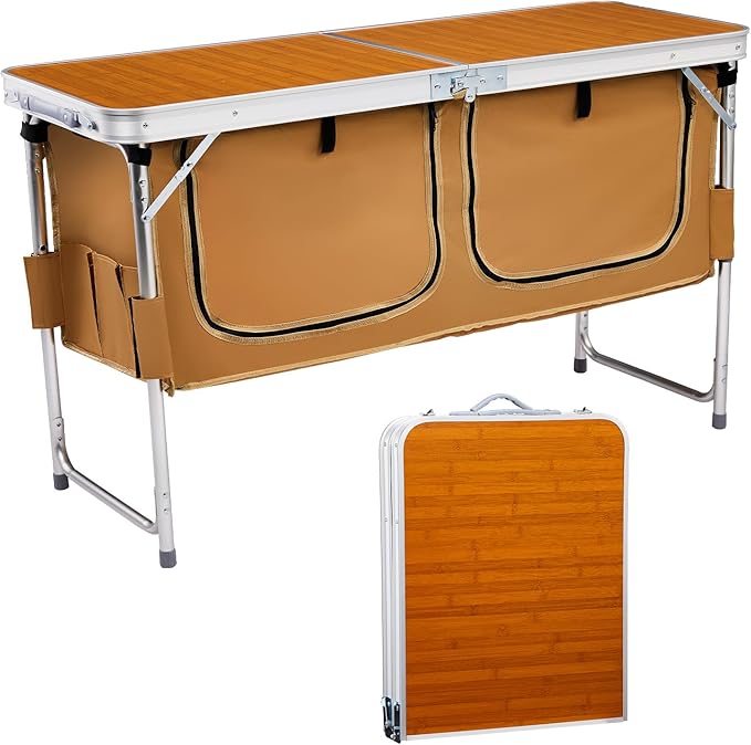 VINGLI 4 Ft Folding Table Aluminum Camping Table Picnic Table with Storage Adjustable Height for Outdoor Beach BBQ Backyards Travel Party (Brown)
