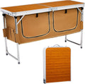 VINGLI 4 Ft Folding Table Aluminum Camping Table Picnic Table with Storage Adjustable Height for Outdoor Beach BBQ Backyards Travel Party (Brown)