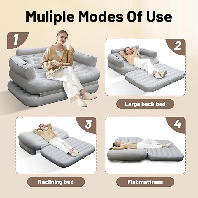 Full Size Inflatable Sofa Bed with Air Pump2-in-1 Blow-Up Couch and Folding Air Mattress Bed for HomeCampingand Guests