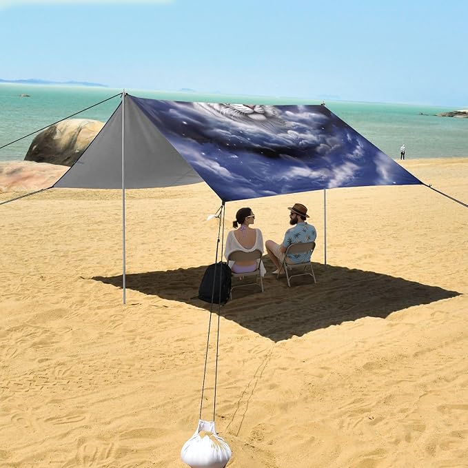 ALAZA Tiger Moon Beach Tent Sun Shelter UPF50+ Protection Beach Shade Canopy w/ 4 Sandbags for Outdoor Camping Fishing Backyard Fun Picnic 10x9 ft