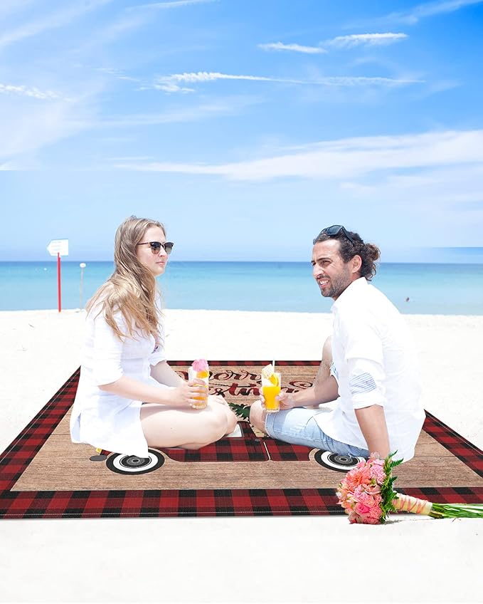 Beach Blanket Waterproof Sandproof OversizedRetro Farm Plaid Car Beach Mat with Corner Stakes Sand PocketsBuffalo Grid Xmas Tree on Wood Grain Outdoor Picnic Mat for Travel Camping Hiking 83x79In
