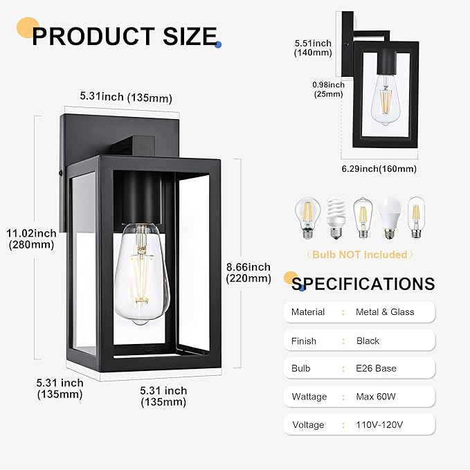 TODOLUZ 2-Pack Outdoor Wall Sconce 1-Light Black Waterproof Porch Wall Light Fixture for Front Door Patio Garage Doorway E26 Bulb Base