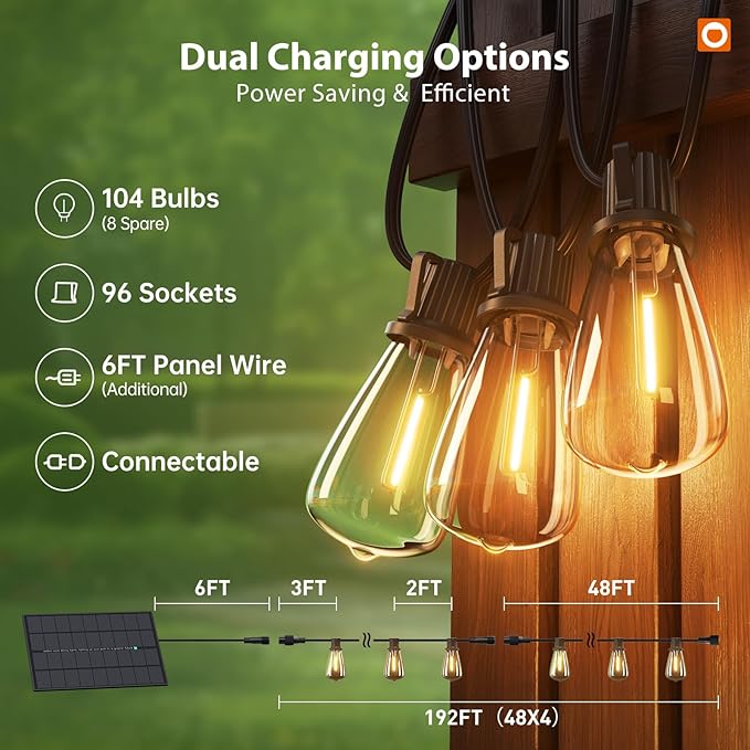 addlon 198(192+6) FT Solar String Lights Outdoor Waterproof with Remote 96+8 LED Shatterproof Bulbs Dimmable &amp Timable Solar Lights Outdoor Patio Lights for GardenBackyardPartyCamping Decor