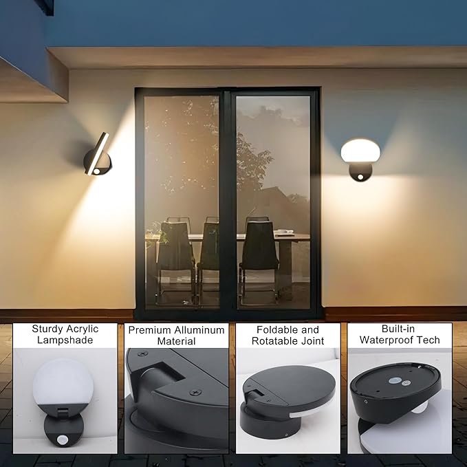 Motion Sensor Outdoor Wall Light 18W 1980LM Black Round LED Porch Lights IP65 Waterproof Wall Sconce Lighting 350°Rotating 180° Foldable Exterior Patio Wall Light Fixture for House