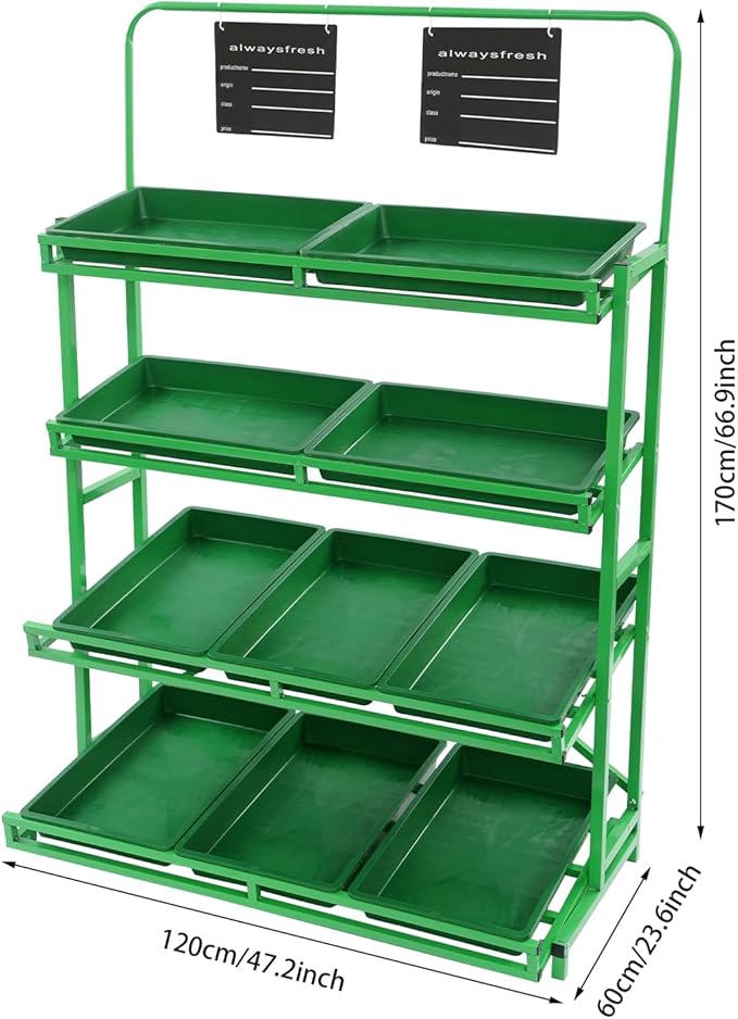 4 Tier Supermarket Fruit Vegetable Storage Rack Retail Display Rack Market Shelf with 10 Slanted Baskets &amp 2 Product Labels Floor Standing Metal Fruit Vegetable Snacks Display Shelf Organizer