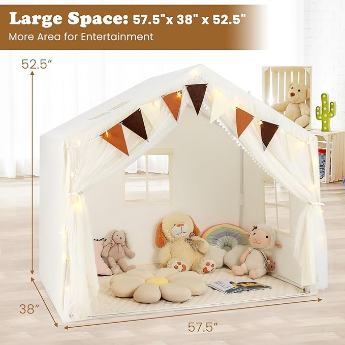INFANS Kids Play Tent Large Size Playhouse with Washable Cotton Mat Star Light Windows Plaid Pennants 57.5” x 38” x 52.5” Indoor Outdoor Princess Tents Castle for Toddlers Age 3+ Years Old
