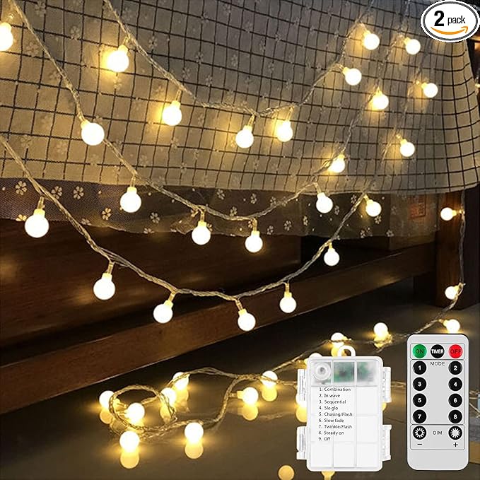 Battery Operated LED Globe String Lights 2-Pack Total 52FT 120LEDs - Each 26FT 60LEDs 8 Mode Waterproof Christmas Fairy String Lights with Remote for Home Bedroom Garden Wedding Party Decoration
