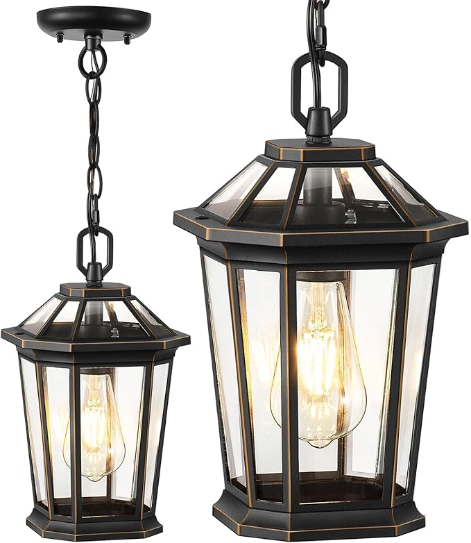 VIANIS Outdoor Pendant Light Fixtures for Porch Exterior Ceiling Hanging Lanterns Anti-Rust Waterproof Farmhouse Outdoor Chandelier Black Gold Aluminum with Tempered Glass for Entryway 1 Pack