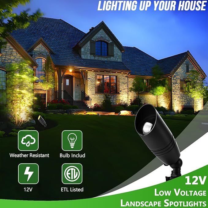 wowlite Low Voltage Spot Lights Outdoor LED 4 Pack Die-cast Aluminum Landscape Spotlights Waterproof Black Uplights with MR16 Bulbs Ground Stake for Garden Courtyard Pathway