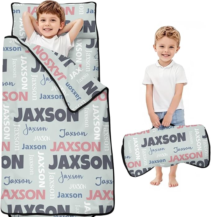 Personalized Name Toddler Nap Mat for Daycare Preschool Kindergarten Customized Kids Sleeping Bag with Pillow and Blanket for Girls Boys Custom Name Monogrammed Nap Mats for Toddlers