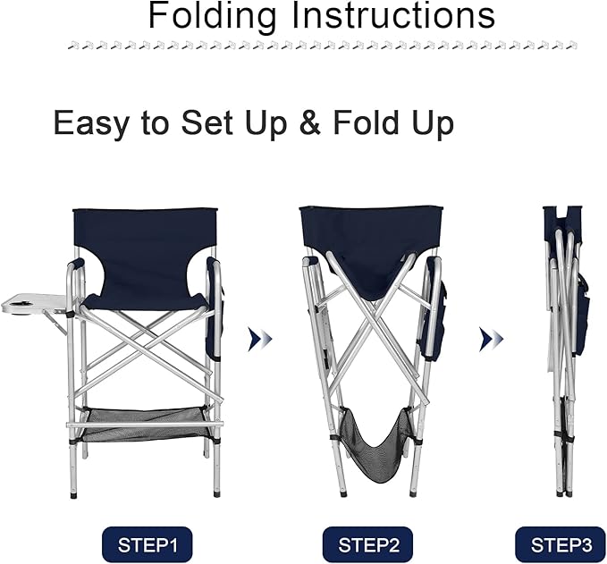 ABCCANOPY Folding Tall Directors Chair Outdoor Camping Chair Makeup Artist Chair with Side Table &amp Pockets Navy Blue