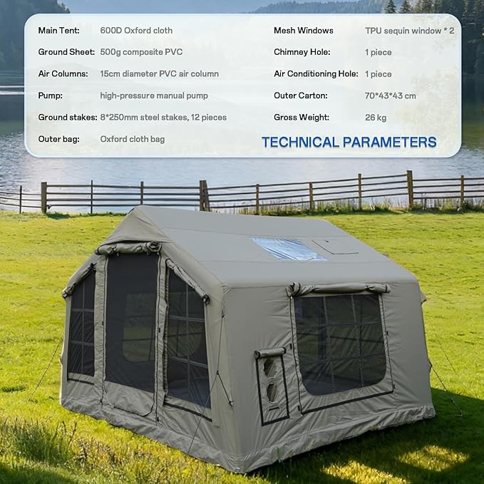 8㎡ Luxury Inflatable Camping Tent for 3-8 People UV-Resistant 4-Season Family Tent with Chimney Port &amp Skylight Oxford Fabric or Tech Cotton – White Tank Gray Aurora Green