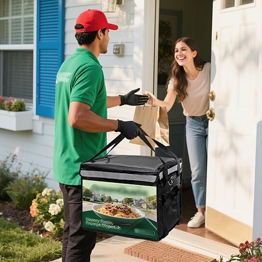 DEAYOU Insulated Food Delivery Bag for Bike Pizza Delivery Bag with Divider and Rear Rack Waterproof Thermal Catering Bag for Scooter Motorcycle 17.3x12.6x13.4 48L Fit 12'' Pizza Box Foldable