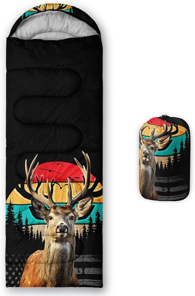 HOSIMA Dear Hunting Pattern Cold Weather Sleeping Bags for Kids AdultsBlack Light Weight Waterproof Sleeping Bags for Outdoors Hiking.