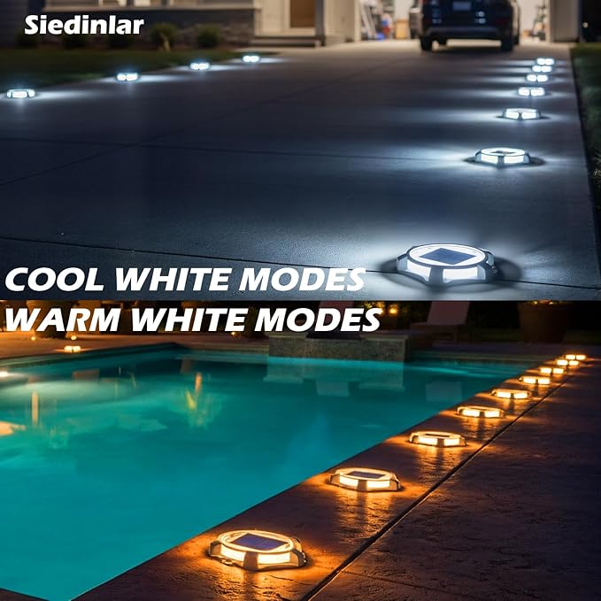 SIEDiNLAR Solar Deck Lights Outdoor 2 Modes LED Dock Driveway Markers Light Waterproof for Step Ground Walkway Stair Pathway Yard Garden Road 12 Pack (Cool White/Warm White)