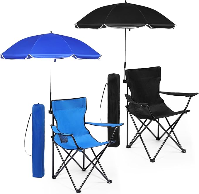 2 Pack Beach Umbrella Chair Folding Camping Beach Chair with Canopy Shade Adults Portable Chairs with Cup Holder and Carrying Bag for Camping Hiking Travel Picnic and Other Outdoor Events