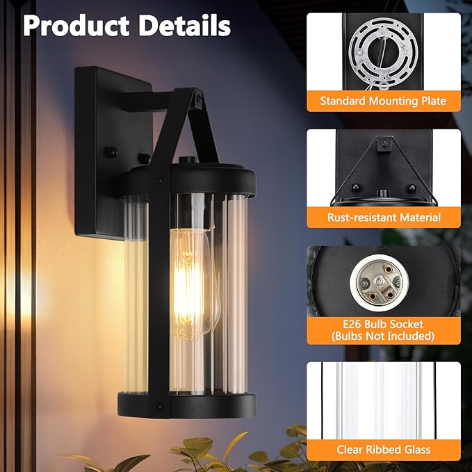 Brightever Outdoor Wall Light Fixtures Waterproof Matte Black Exterior Wall Lantern Sconce Porch Lights Outside Lighting with Clear Ribbed Glass for House Garage Front Door 2-Pack