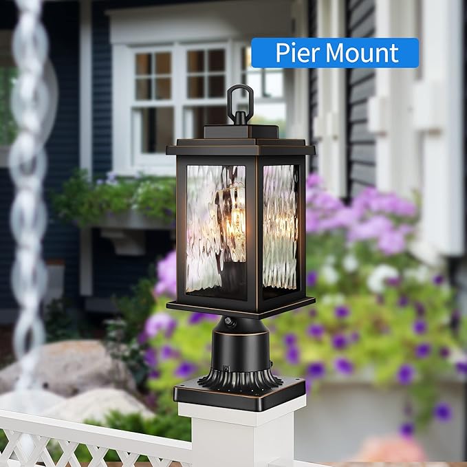 VIANIS Dusk to Dawn Outdoor Post Light with Pier Mount Base Hardwired 120V Waterproof Lamp Post Light Fixture Black Aluminum 3-inch Exterior Post Lamp with Tempered Glass for Patio Garden