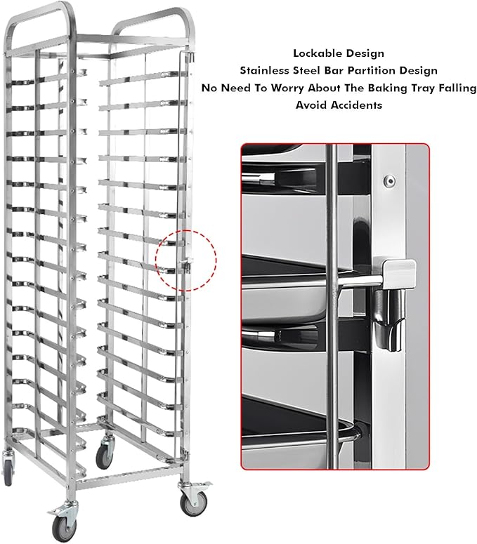 Quick Rack for Baking Pans12/15-Tier Stainless Steel Bread Pan Rack Heavy-Duty Bakery Storage with 4 Wheels Ideal for Restaurants Food Service and Commercial Kitchens (178x62x46cm)